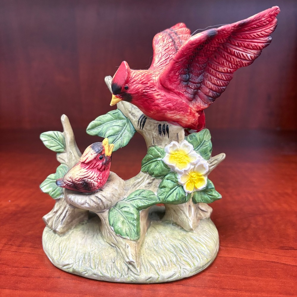 Ceramic Cardinal‎ Bird Figurine Mother Baby Feeding Tree Flowers Sculpture